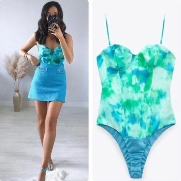Zara Satin Effect Bustier Corset Bodysuit Blue Green Size Small Blogger Fave - Picture 2 of 15